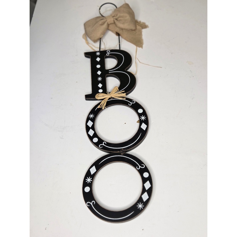 Halloween Boo Wood Wall Hanging Decor Black White Burlap Bow Rustic Farmhouse